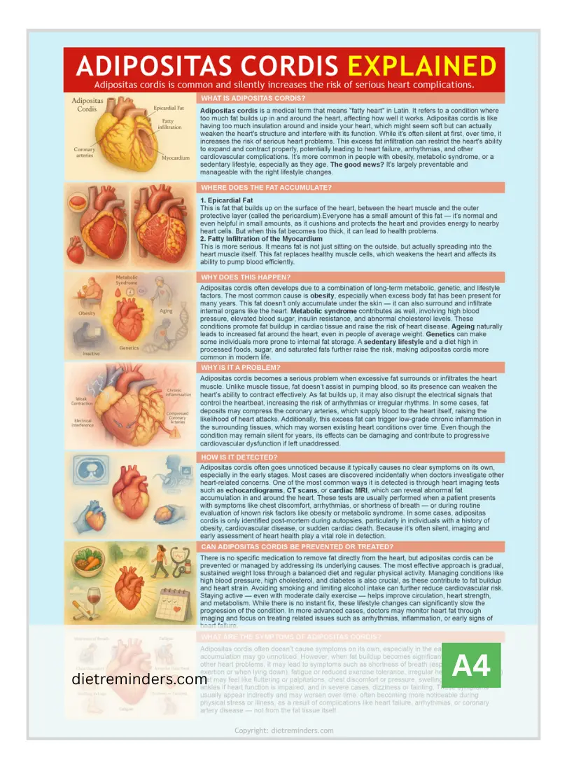 Understand the serious but preventable heart condition known as adipositas cordis with this comprehensive medical education chart.